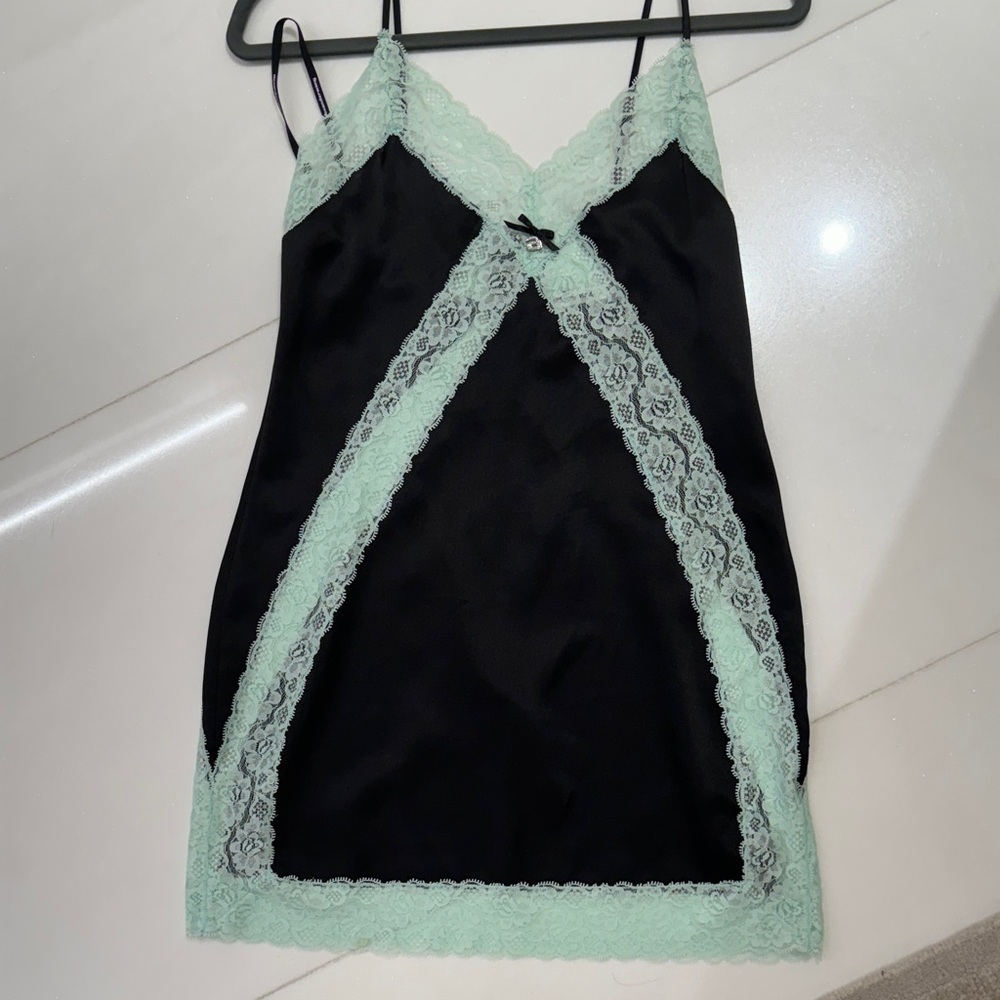 Alexander Wang black with mint green lace silk slip dress size 2 worn once